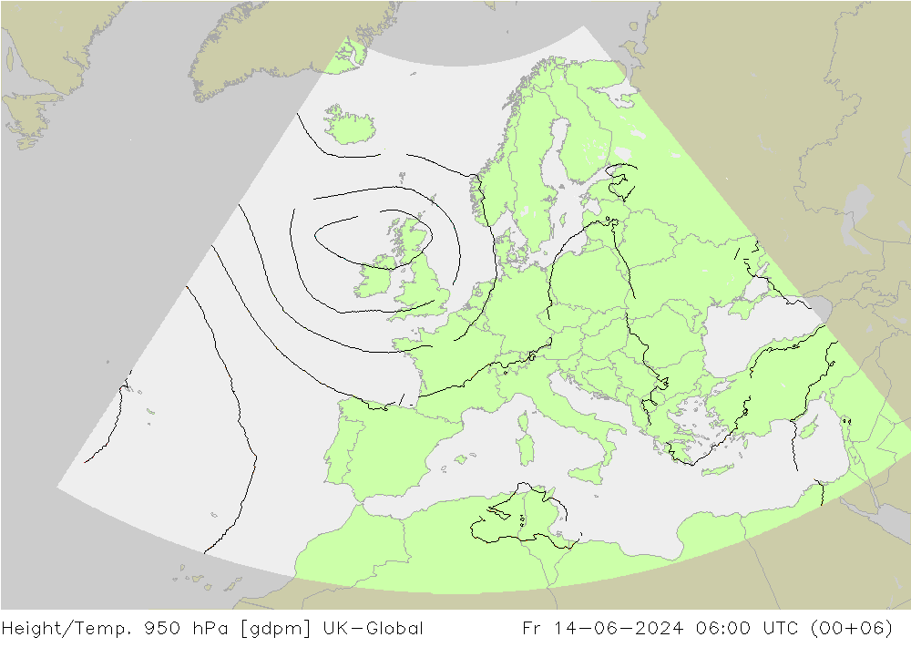 Height/Temp. 950 hPa UK-Global Pá 14.06.2024 06 UTC