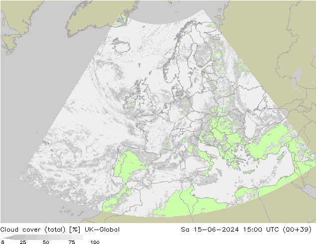 Bewolking (Totaal) UK-Global za 15.06.2024 15 UTC