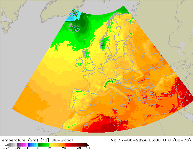 Temperatuurkaart (2m) UK-Global ma 17.06.2024 06 UTC
