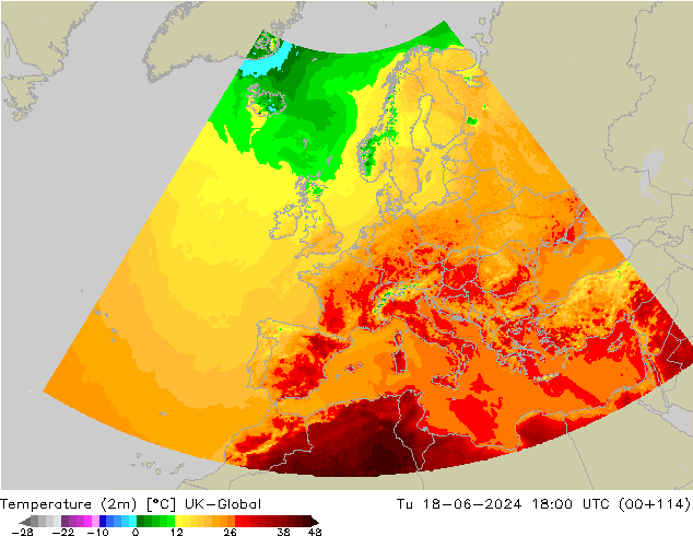Temperatuurkaart (2m) UK-Global di 18.06.2024 18 UTC