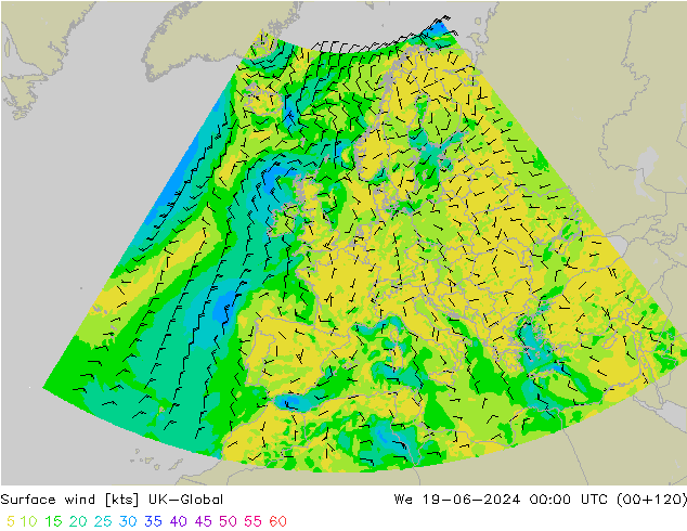 Surface wind UK-Global We 19.06.2024 00 UTC