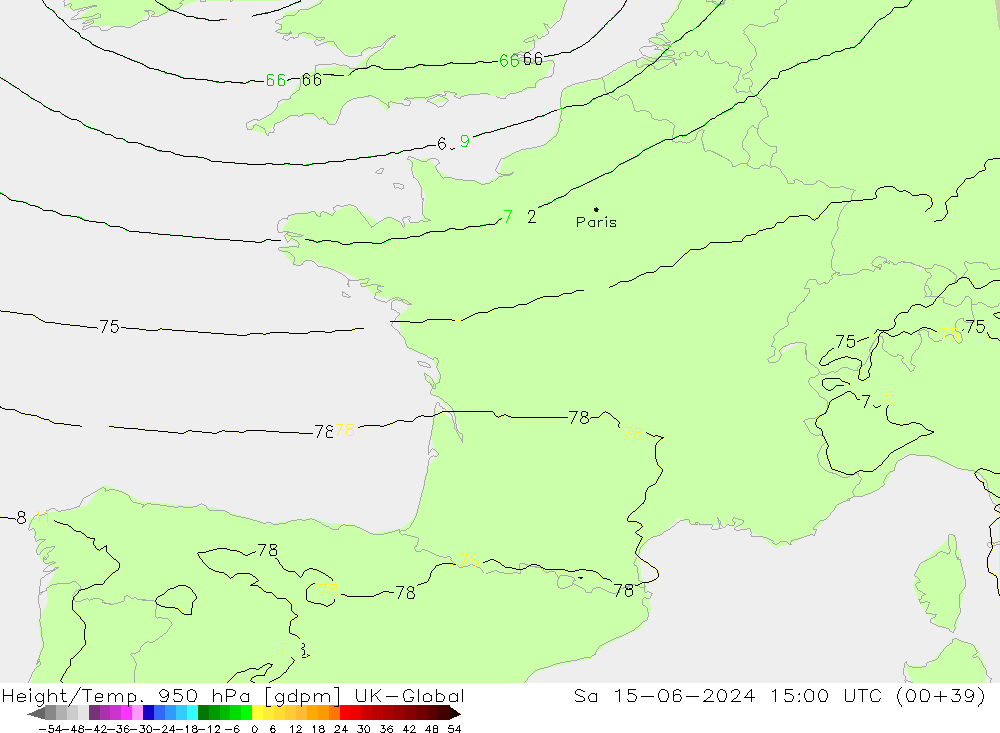 Hoogte/Temp. 950 hPa UK-Global za 15.06.2024 15 UTC