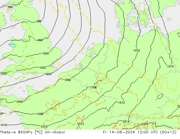 Theta-e 850hPa UK-Global Fr 14.06.2024 12 UTC