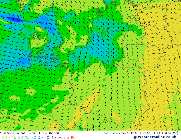 Wind 10 m UK-Global za 15.06.2024 15 UTC