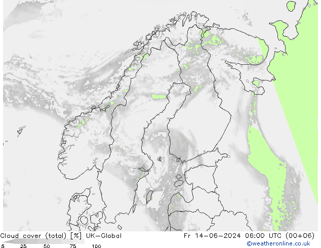 Cloud cover (total) UK-Global Pá 14.06.2024 06 UTC