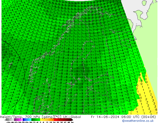 Height/Temp. 700 hPa UK-Global Fr 14.06.2024 06 UTC