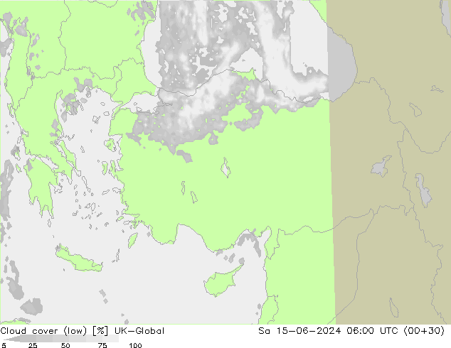 Cloud cover (low) UK-Global Sa 15.06.2024 06 UTC