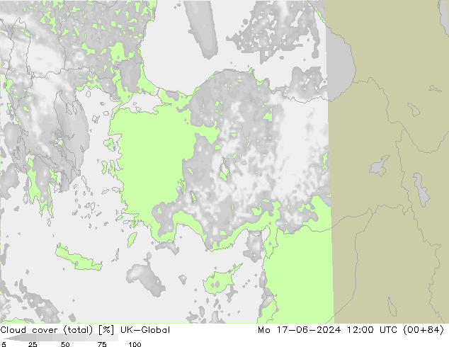 Cloud cover (total) UK-Global Mo 17.06.2024 12 UTC