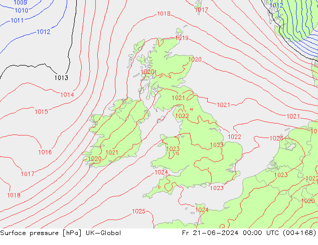 Pressione al suolo UK-Global ven 21.06.2024 00 UTC