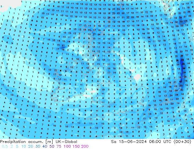 Totale neerslag UK-Global za 15.06.2024 06 UTC