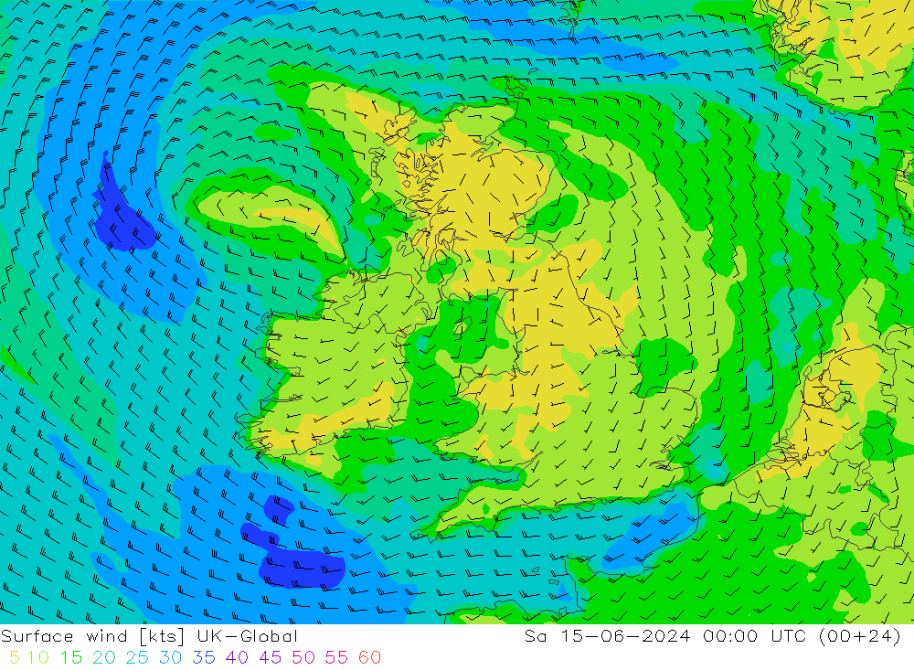 Surface wind UK-Global Sa 15.06.2024 00 UTC