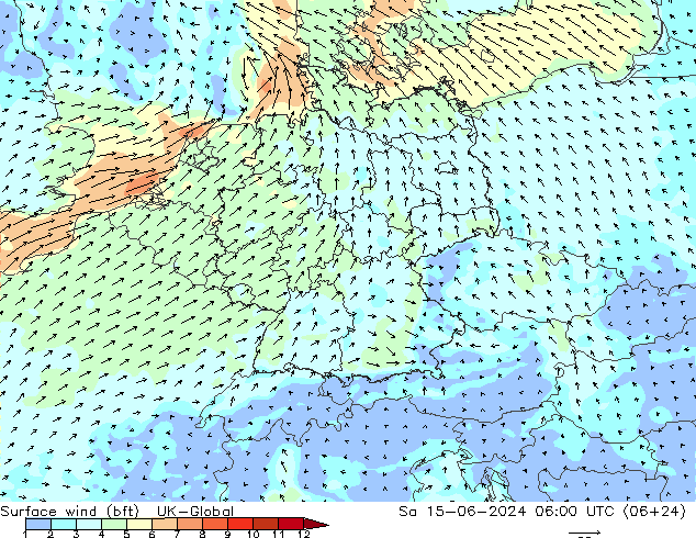 Surface wind (bft) UK-Global Sa 15.06.2024 06 UTC