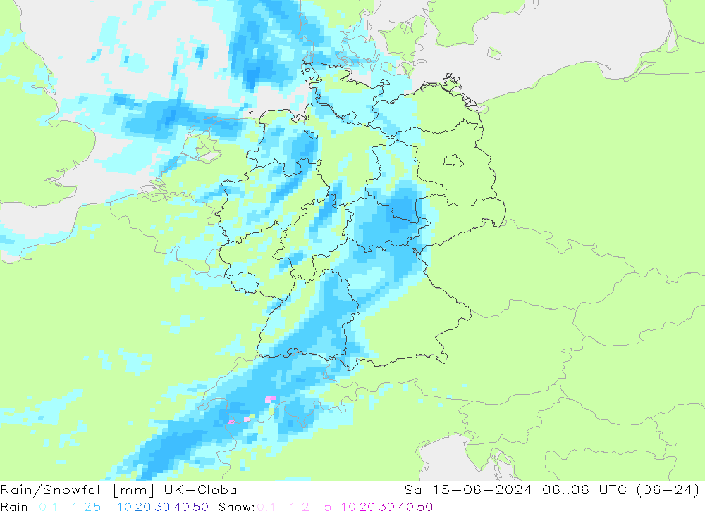 Rain/Snowfall UK-Global sam 15.06.2024 06 UTC