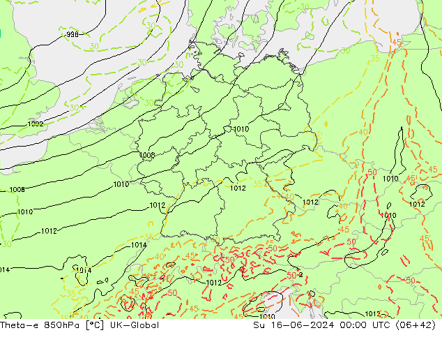 Theta-e 850hPa UK-Global Su 16.06.2024 00 UTC