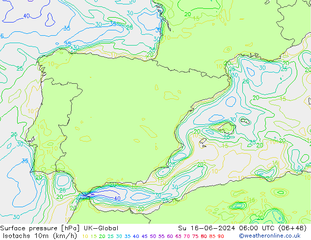 Isotachs (kph) UK-Global Su 16.06.2024 06 UTC