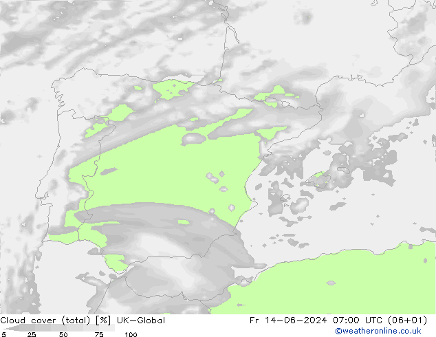 Cloud cover (total) UK-Global Fr 14.06.2024 07 UTC