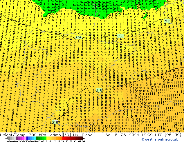 Height/Temp. 700 hPa UK-Global Sa 15.06.2024 12 UTC