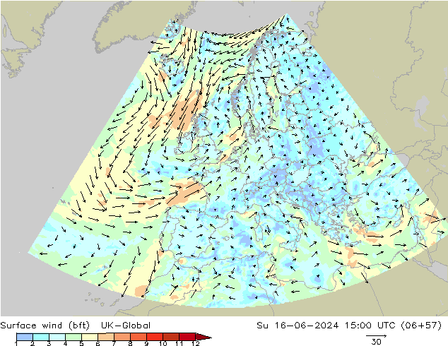 Surface wind (bft) UK-Global Ne 16.06.2024 15 UTC