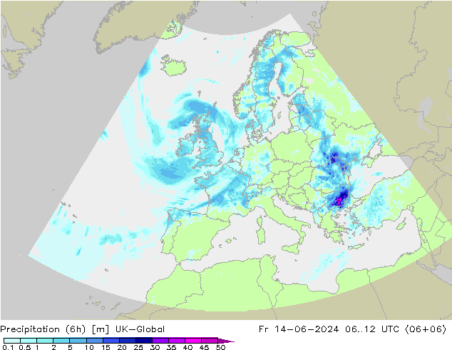 Precipitation (6h) UK-Global Pá 14.06.2024 12 UTC