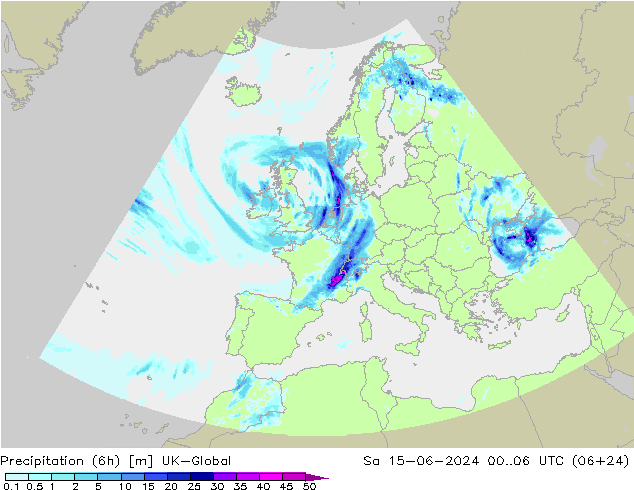 Yağış (6h) UK-Global Cts 15.06.2024 06 UTC