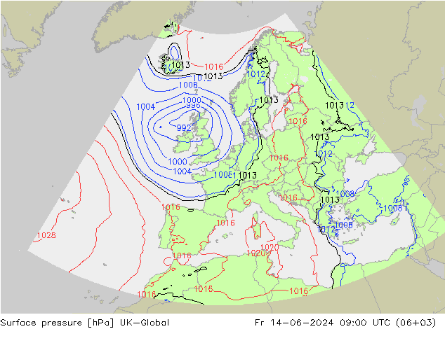 Surface pressure UK-Global Fr 14.06.2024 09 UTC