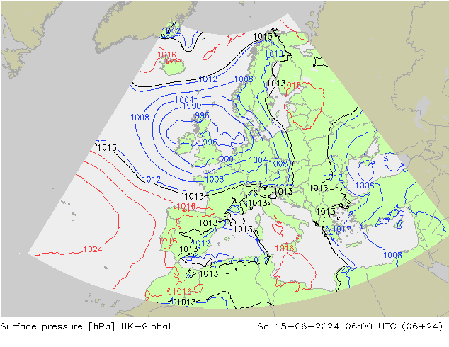 地面气压 UK-Global 星期六 15.06.2024 06 UTC