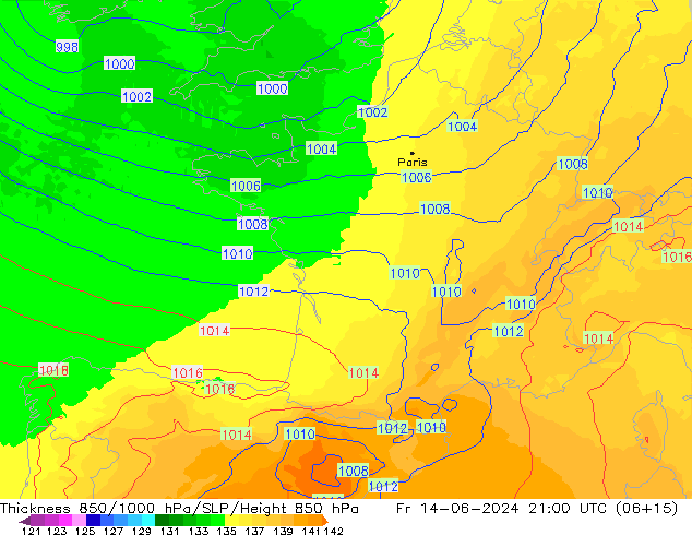 Schichtdicke 850-1000 hPa UK-Global Fr 14.06.2024 21 UTC