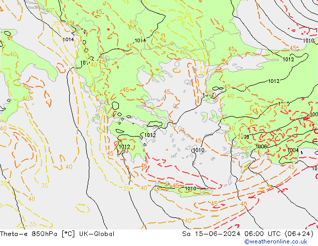 Theta-e 850hPa UK-Global Sa 15.06.2024 06 UTC