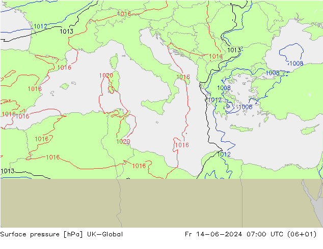 Surface pressure UK-Global Fr 14.06.2024 07 UTC