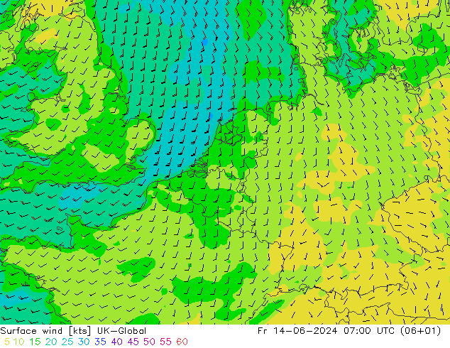 Surface wind UK-Global Fr 14.06.2024 07 UTC