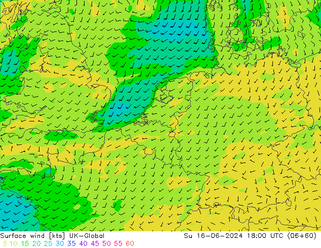 Surface wind UK-Global Su 16.06.2024 18 UTC