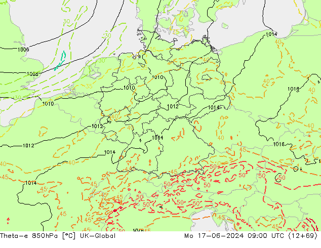 Theta-e 850hPa UK-Global Pzt 17.06.2024 09 UTC