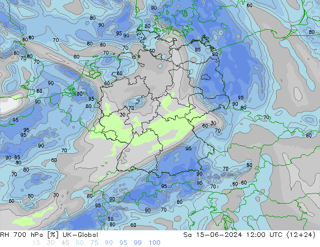 Humidité rel. 700 hPa UK-Global sam 15.06.2024 12 UTC