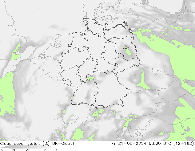 Cloud cover (total) UK-Global Fr 21.06.2024 06 UTC
