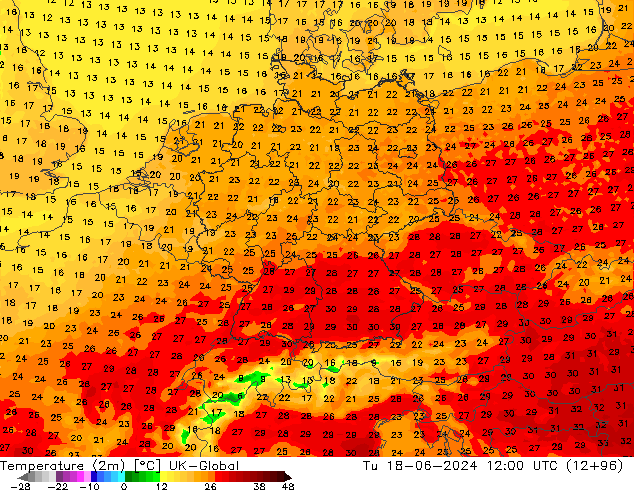Temperatuurkaart (2m) UK-Global di 18.06.2024 12 UTC