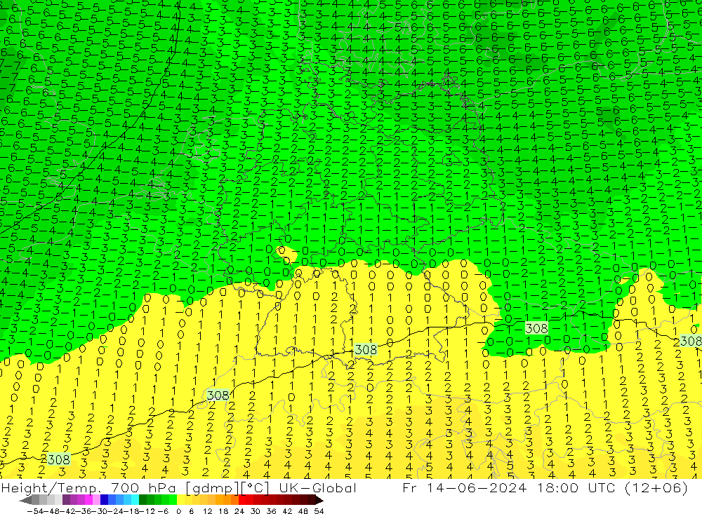 Height/Temp. 700 hPa UK-Global Fr 14.06.2024 18 UTC