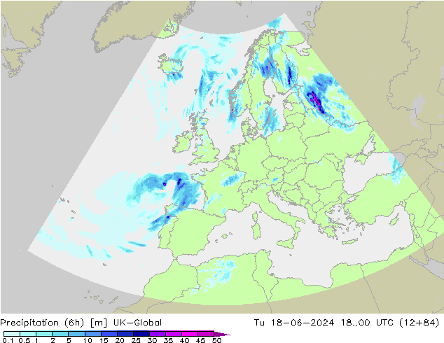 Totale neerslag (6h) UK-Global di 18.06.2024 00 UTC