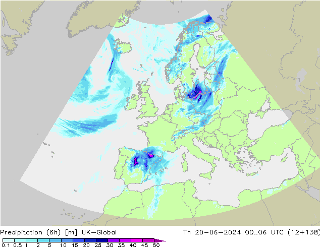 Precipitación (6h) UK-Global jue 20.06.2024 06 UTC