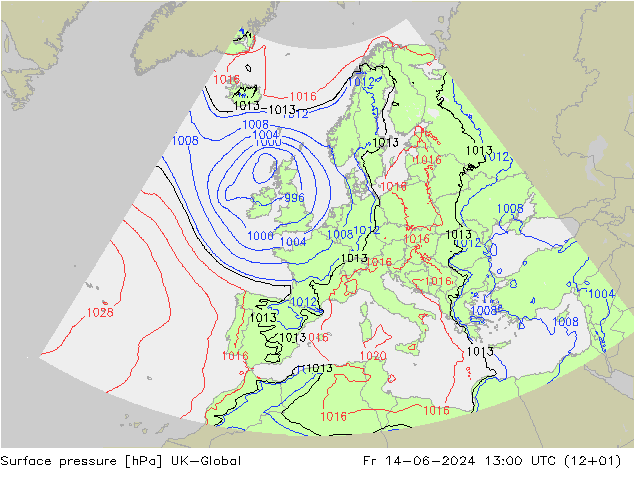 Pressione al suolo UK-Global ven 14.06.2024 13 UTC