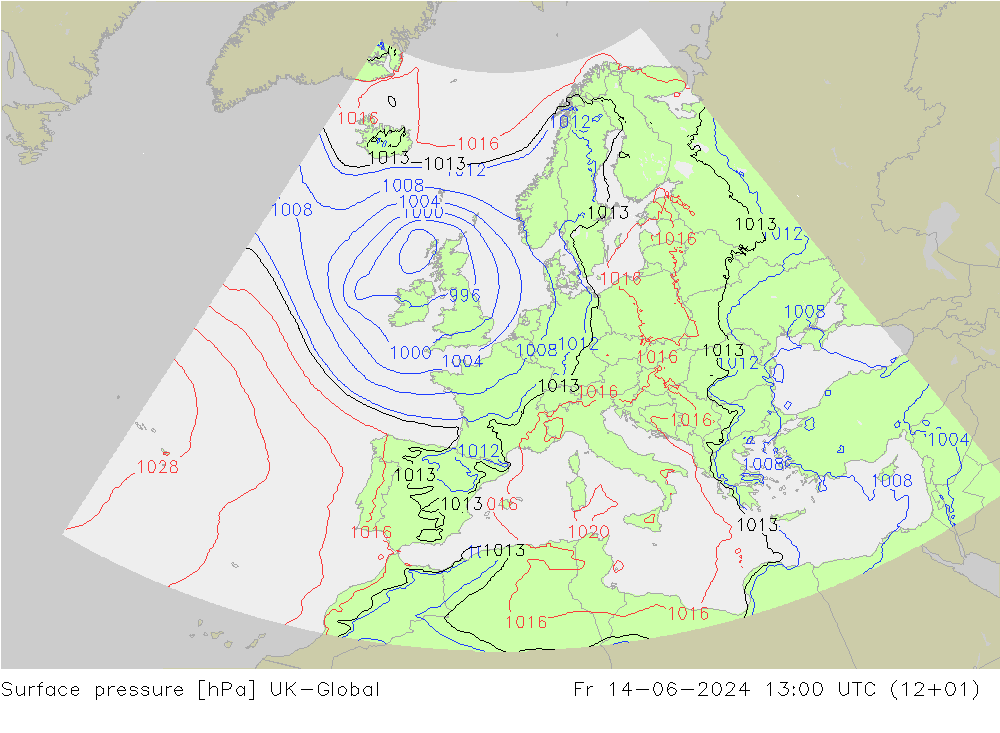 Surface pressure UK-Global Fr 14.06.2024 13 UTC