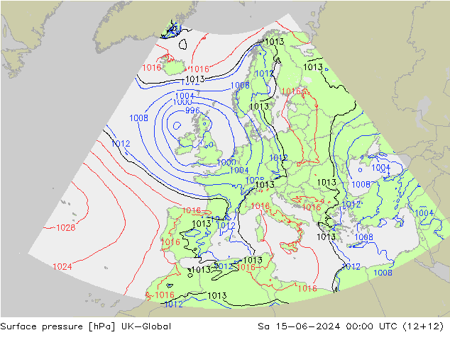 Pressione al suolo UK-Global sab 15.06.2024 00 UTC