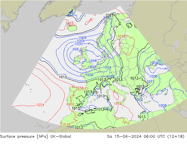 Presión superficial UK-Global sáb 15.06.2024 06 UTC