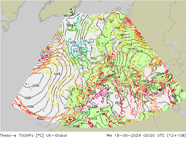 Theta-e 700hPa UK-Global mer 19.06.2024 00 UTC
