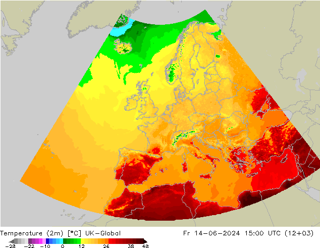 Temperaturkarte (2m) UK-Global Fr 14.06.2024 15 UTC