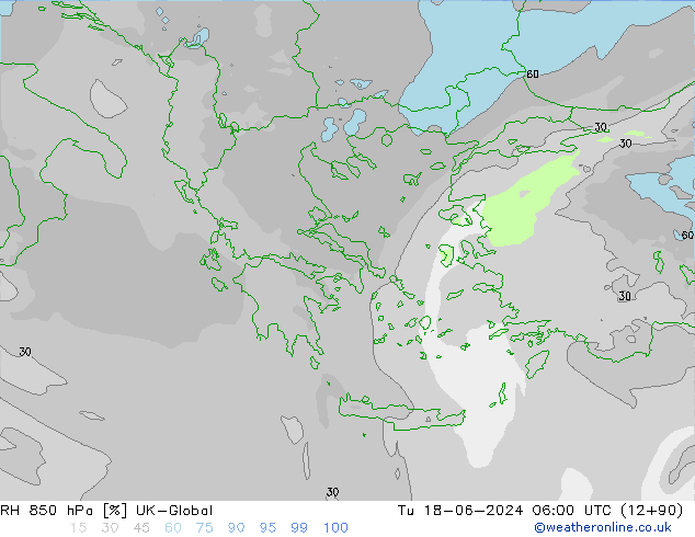 Humidité rel. 850 hPa UK-Global mar 18.06.2024 06 UTC