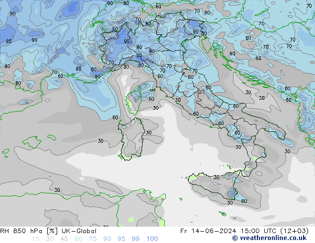 RH 850 hPa UK-Global Fr 14.06.2024 15 UTC