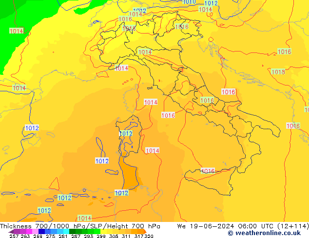 700-1000 hPa Kalınlığı UK-Global Çar 19.06.2024 06 UTC