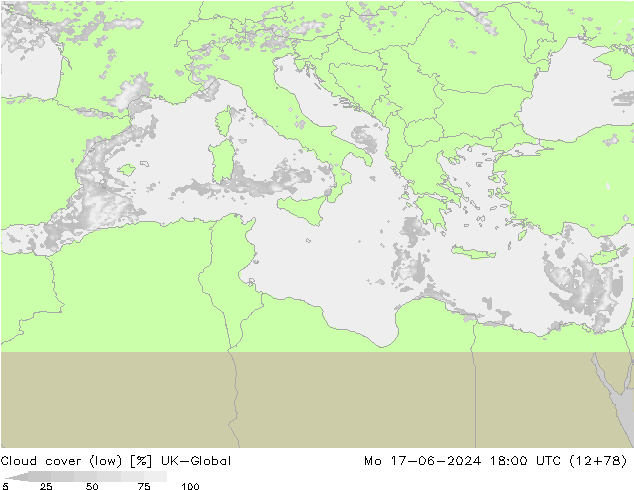 Cloud cover (low) UK-Global Mo 17.06.2024 18 UTC