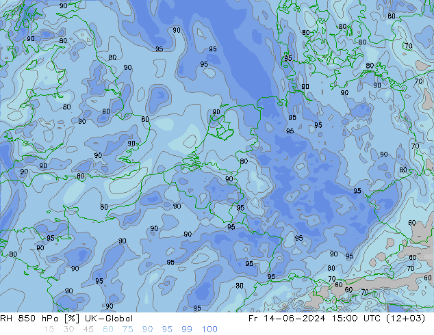 RH 850 hPa UK-Global Fr 14.06.2024 15 UTC