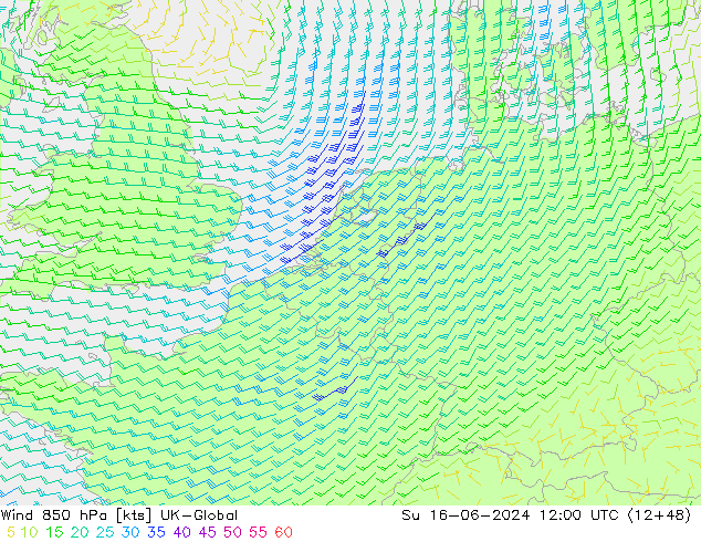 Wind 850 hPa UK-Global Su 16.06.2024 12 UTC